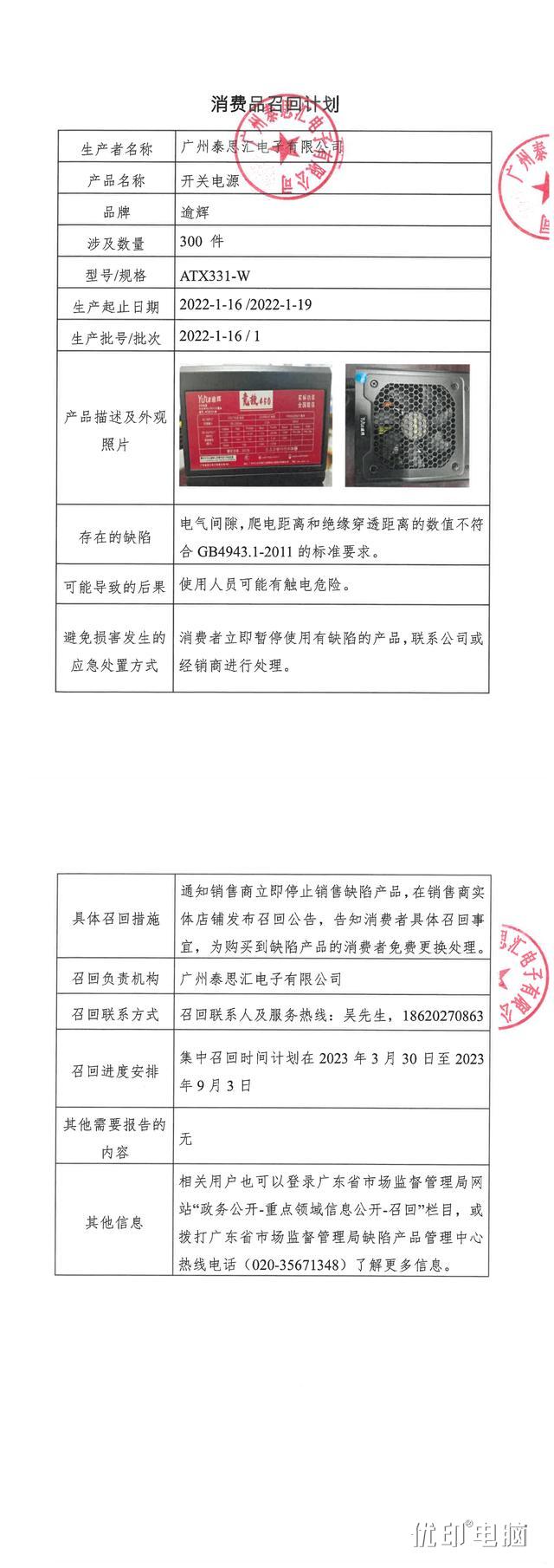 广州泰思汇电子有限公司召回部分逾辉牌开关电源